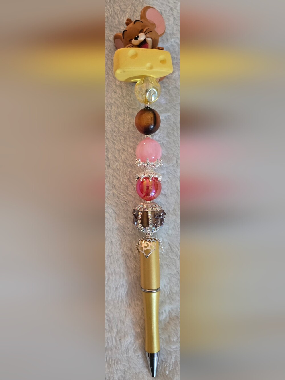 Pink, Brown, Yellow Beaded Pen - Jerry (Tom & Jerry Cartoon)